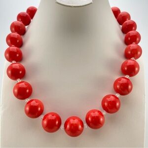 Vintage Orange Glass Bead Necklace with Crystal Spacers & Rhinestone Ball Clasp